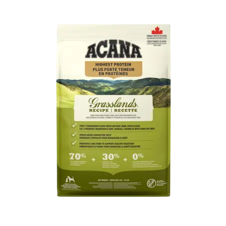 ACANA™ Highest Protein Grasslands dog food with farm-raised lamb, duck, and eggs, designed to nourish your dog