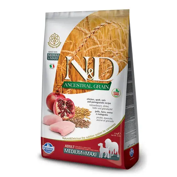 Farmina N&D Ancestral Grain Chicken Maxi, featuring 96% fresh chicken and ancestral grains