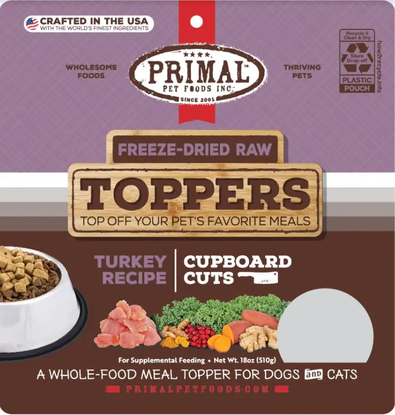 Bag of Primal Cupboard Cuts Freeze-Dried Raw Toppers Turkey Recipe, featuring premium ingredients and a grain-free formula