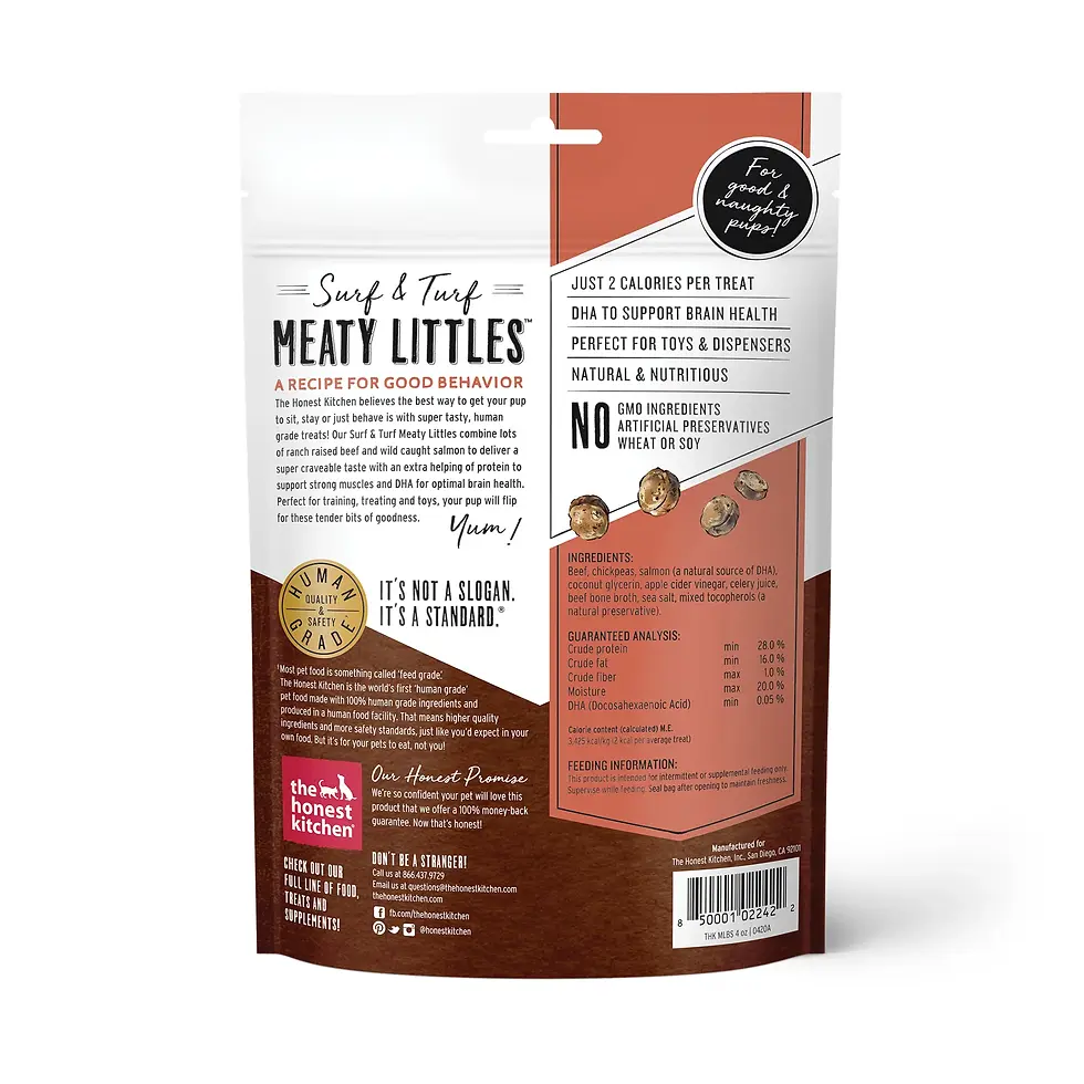 Thumbnail: Honest Kitchen Meaty Littles Beef and Salmon treats bag, featuring nutritious, bite-sized dog treats made with beef & salmon