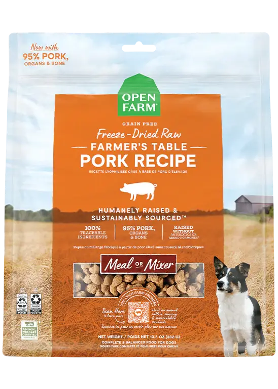 Open Farm Farmers Table Pork dog food made with ethically raised pork and wholesome ingredients, available at CHOW Bella Pets