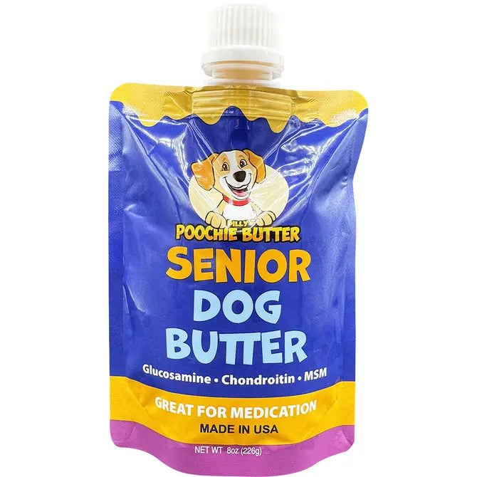 A jar of Poochie Butter Peanut Butter, showcasing a label with vibrant colors