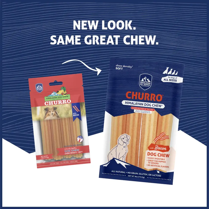 Thumbnail: Himalayan Pet Yaky Churro Bacon, a long-lasting, natural bacon-flavored chew for dogs, available at CHOW Bella Pets