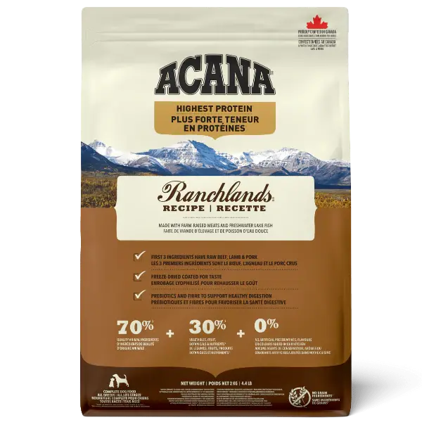 ACANA Highest Protein Ranchlands dog food made with farm-raised beef, lamb, pork, and bison, plus fruits and vegetables