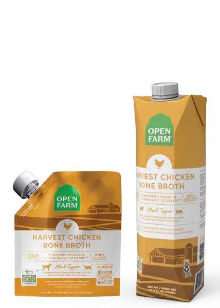 Open Farm Chicken Bone Broth for dogs and cats in a resealable pouch, made with humanely raised chicken and nutritious superf