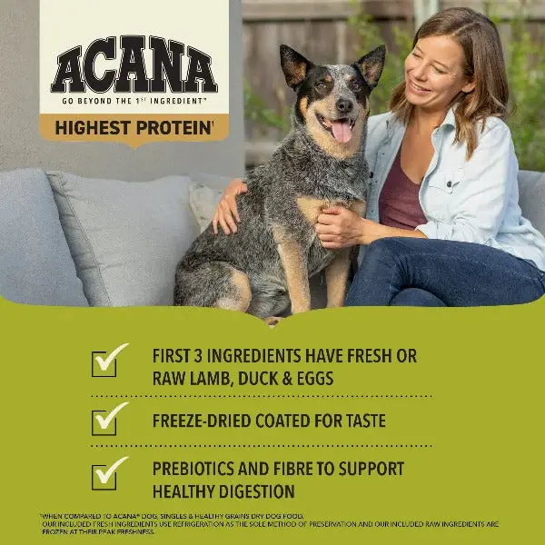Thumbnail: ACANA™ Highest Protein Grasslands dog food with farm-raised lamb, duck, and eggs, designed to nourish your dog