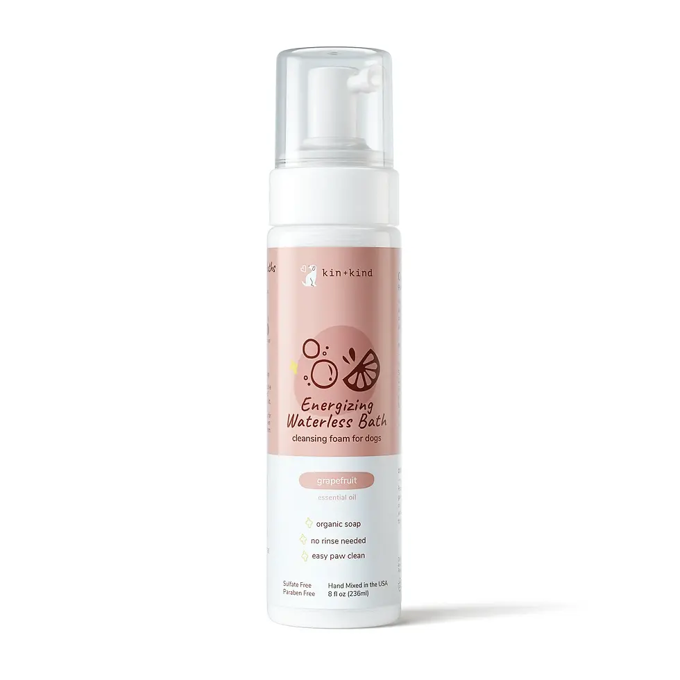 Kin and Kind Grapefruit Waterless Bath for Dogs, a convenient spray-on solution to cleanse and deodorize your pet's coat