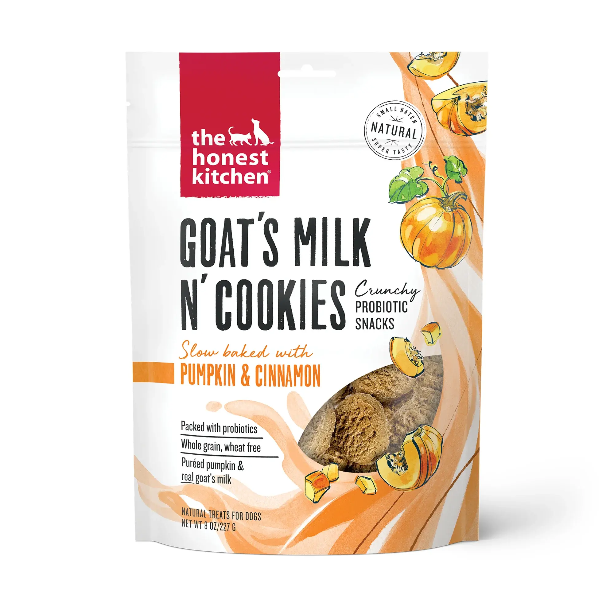 Honest Kitchen Pumpkin & Cinnamon Goat's Milk n' Cookies package, a flavorful and nutritious pet treat made with pumpkin