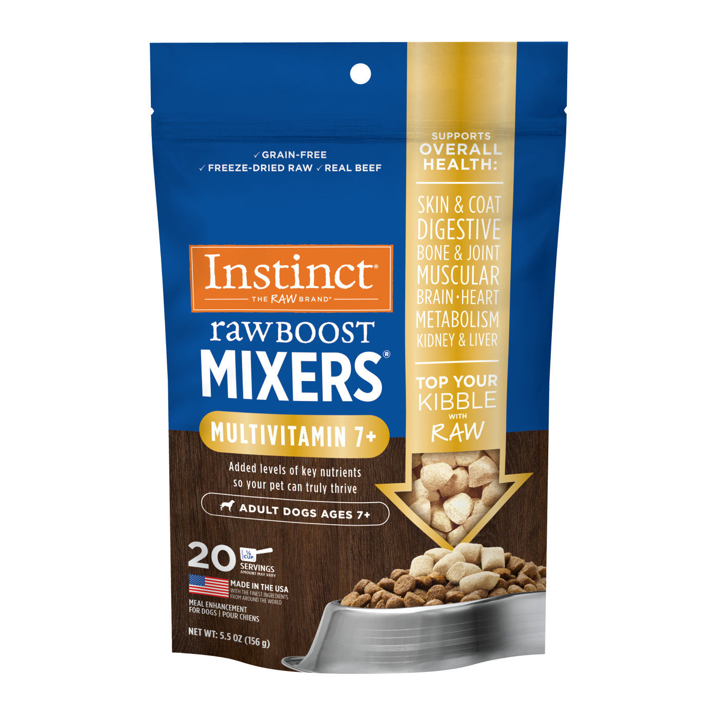 Instinct Raw Boost Freeze-Dried Mixers - Multivitamin for Adult Dogs 7+, designed for senior dogs, available at CHOW Bella