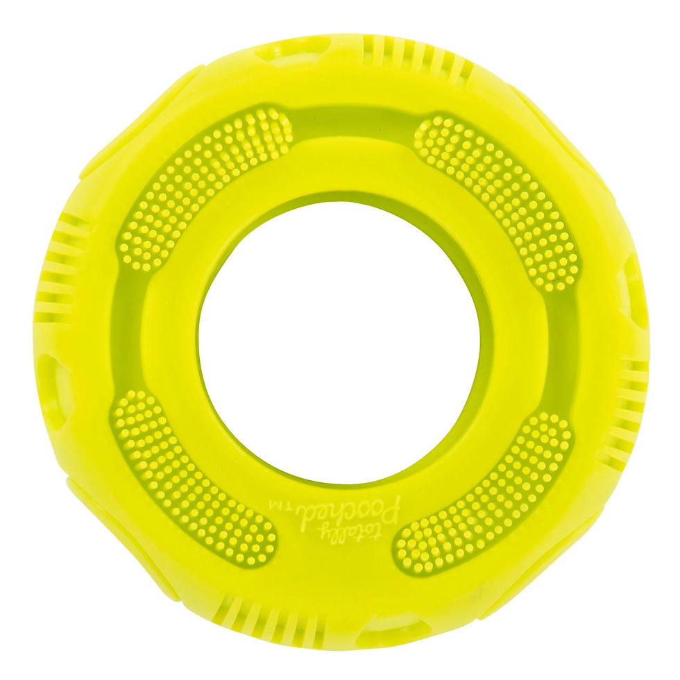 Thumbnail: The Totally Pooched Stuff n' Brush Tire, a tough and engaging dog toy designed for chewing, treat-stuffing