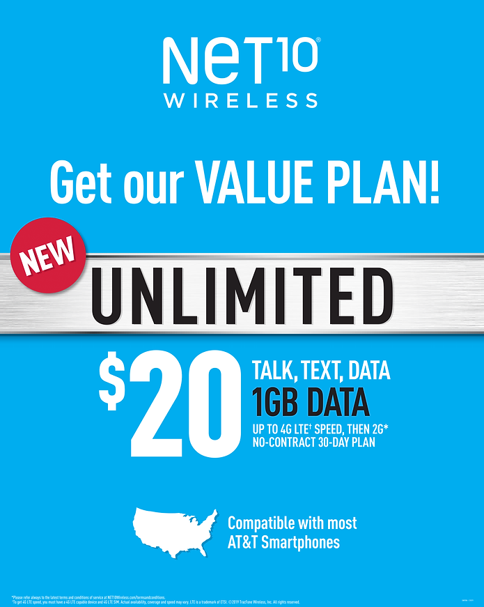 Prepaid services $20 Value Plan for Unlimited Talk, Text, and Data. Net10 Wireless and other pre-paid services available from Source1Phones your source for small eletronics repair services in Charlotte, NC and surrounding areas. 