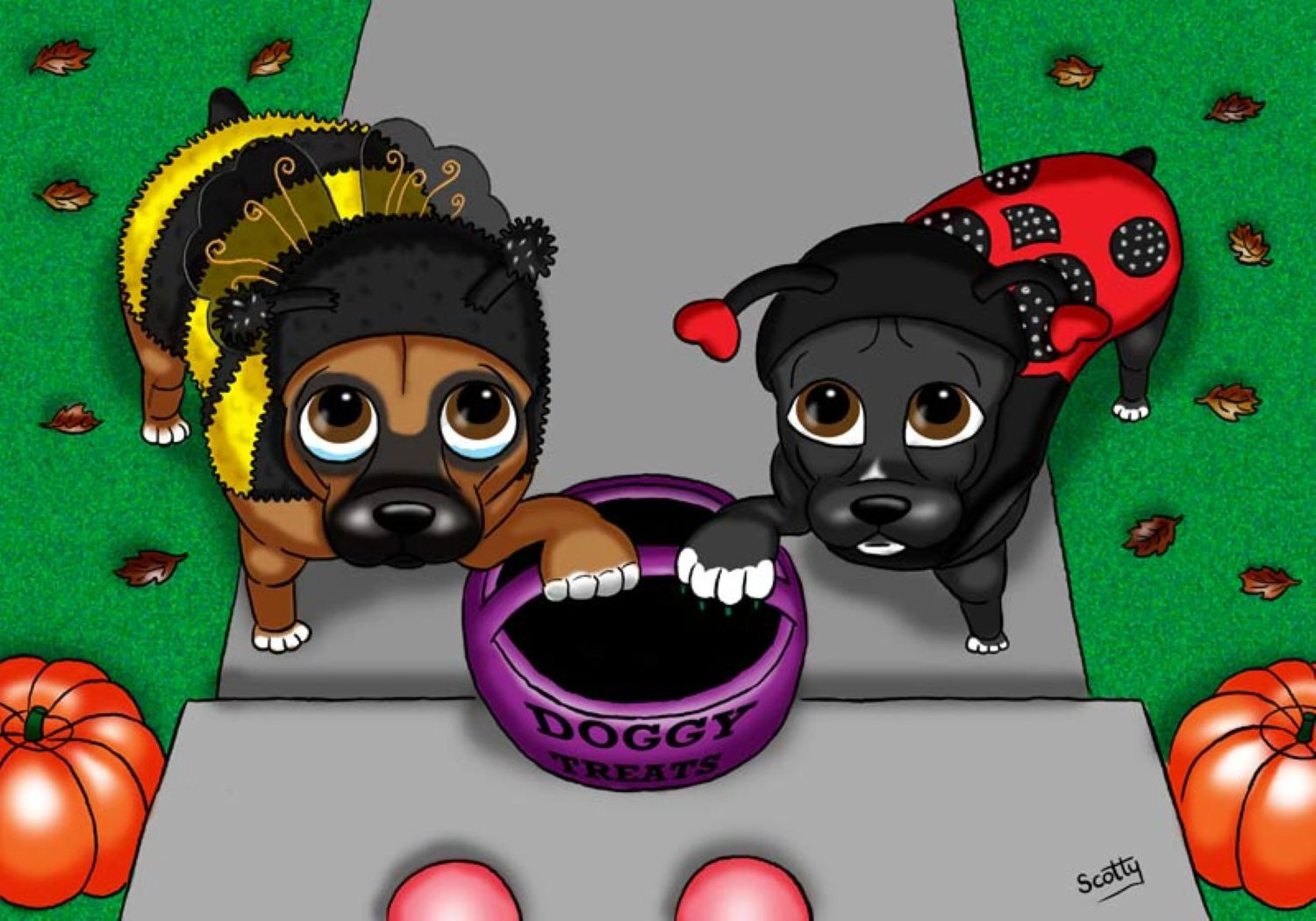 Cartoon pet portrait of two boxer dogs dressed up for halloween trick or treating