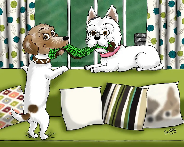 Dogs playing at home portrait