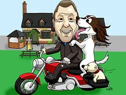 Family cartoon portrait of a man with his spaniel and motorbike outside their pub