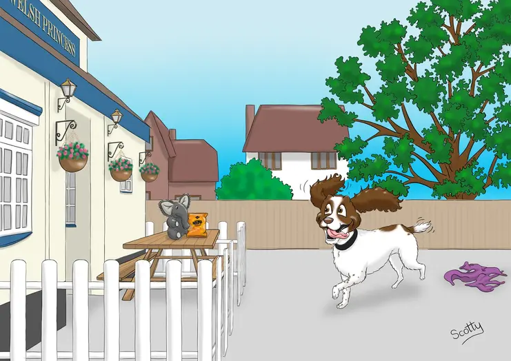 Spaniel going to the pub