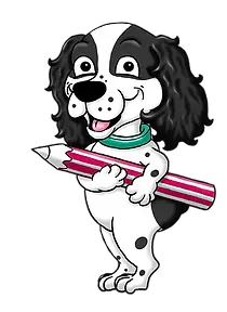 Spaniel holding a pencil