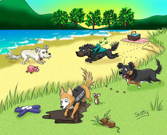 Pet portrait of four cute dogs at the beach