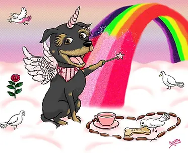 A dog dressed as a unicorn painting the rainbow pink