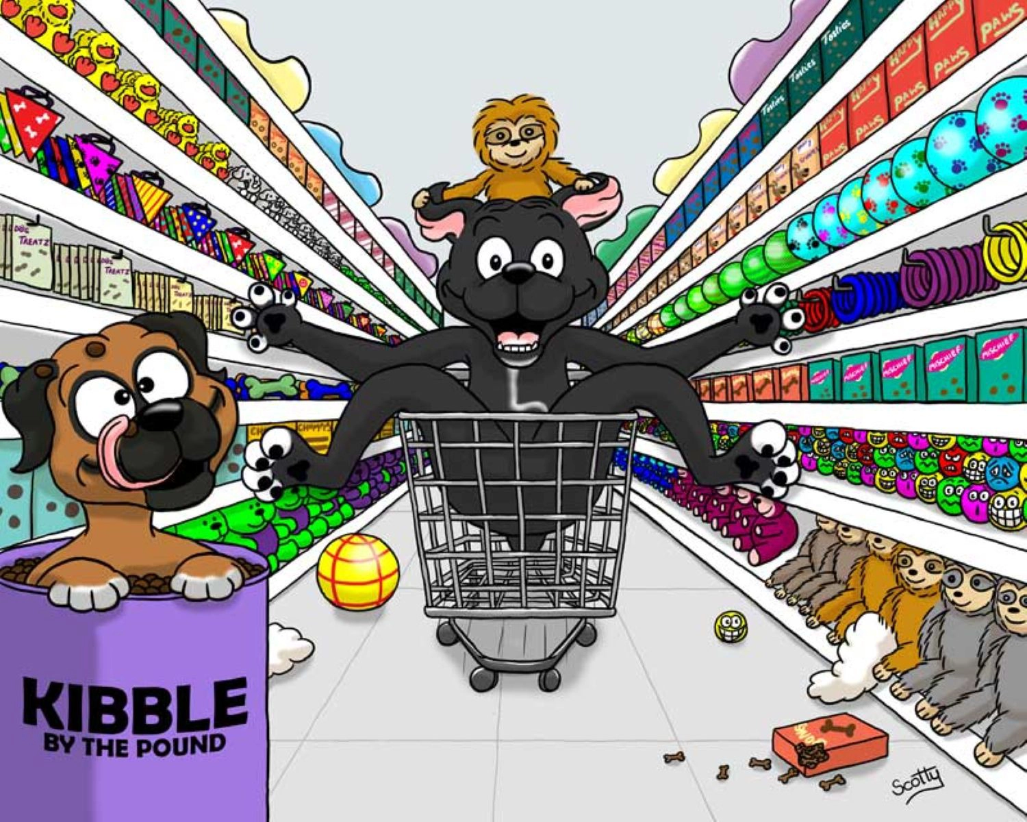 Pet portrait by Scotty's Cartoons of two boxer dogs causing mayhem in a pet shop