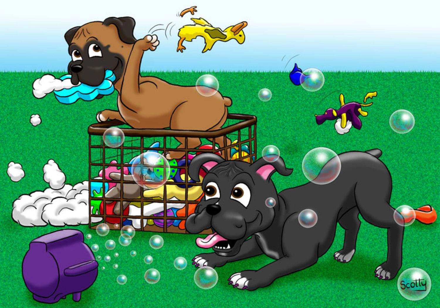 Pet portrait of happy boxer dogs enjoying a bubble machine and toys