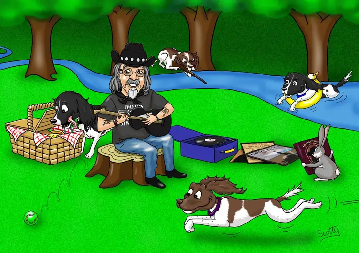 Man and spaniels by the stream