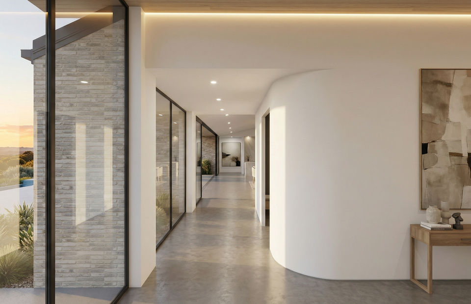 Custom luxury home entrance hallway featuring a modern curved feature wall and high-end residential lighting design in Geelong by Ikonik Design.