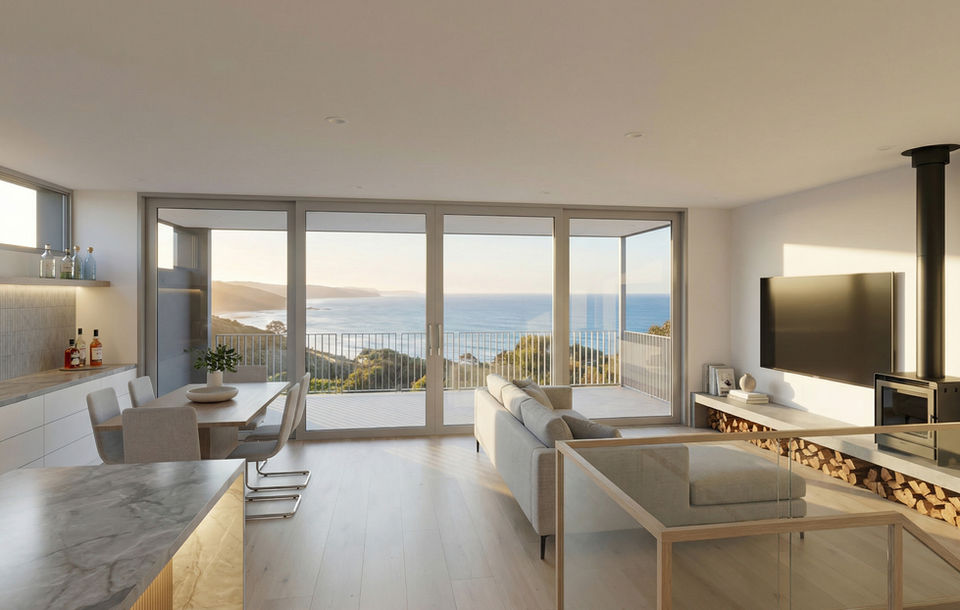 Coastal custom luxury home open living and kitchen design overlooking the Great Ocean Road in Kennett River by Ikonik Design.