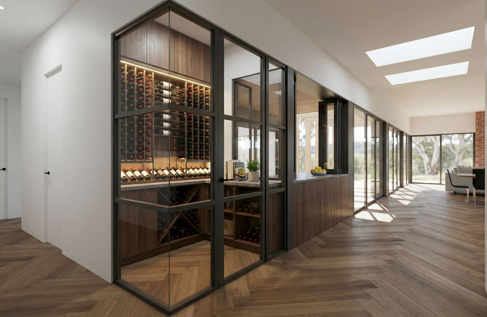 Custom luxury home interior design showcasing a bespoke glass wine cellar room in rural Lethbridge by building designers Ikonik Design.