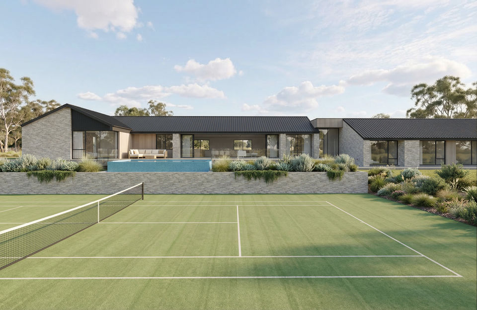 Bespoke luxury pavilion home design with private tennis court and landscaped grounds in Barabool by building designers Ikonik Design.
