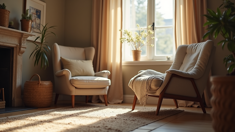 Eye-level view of a cosy living room with a comfortable armchair and soft lighting