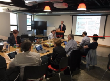 SAI President Luke Bushner ('18) presents a quarterly summary to the SAI Board of Directors at the eLab.
