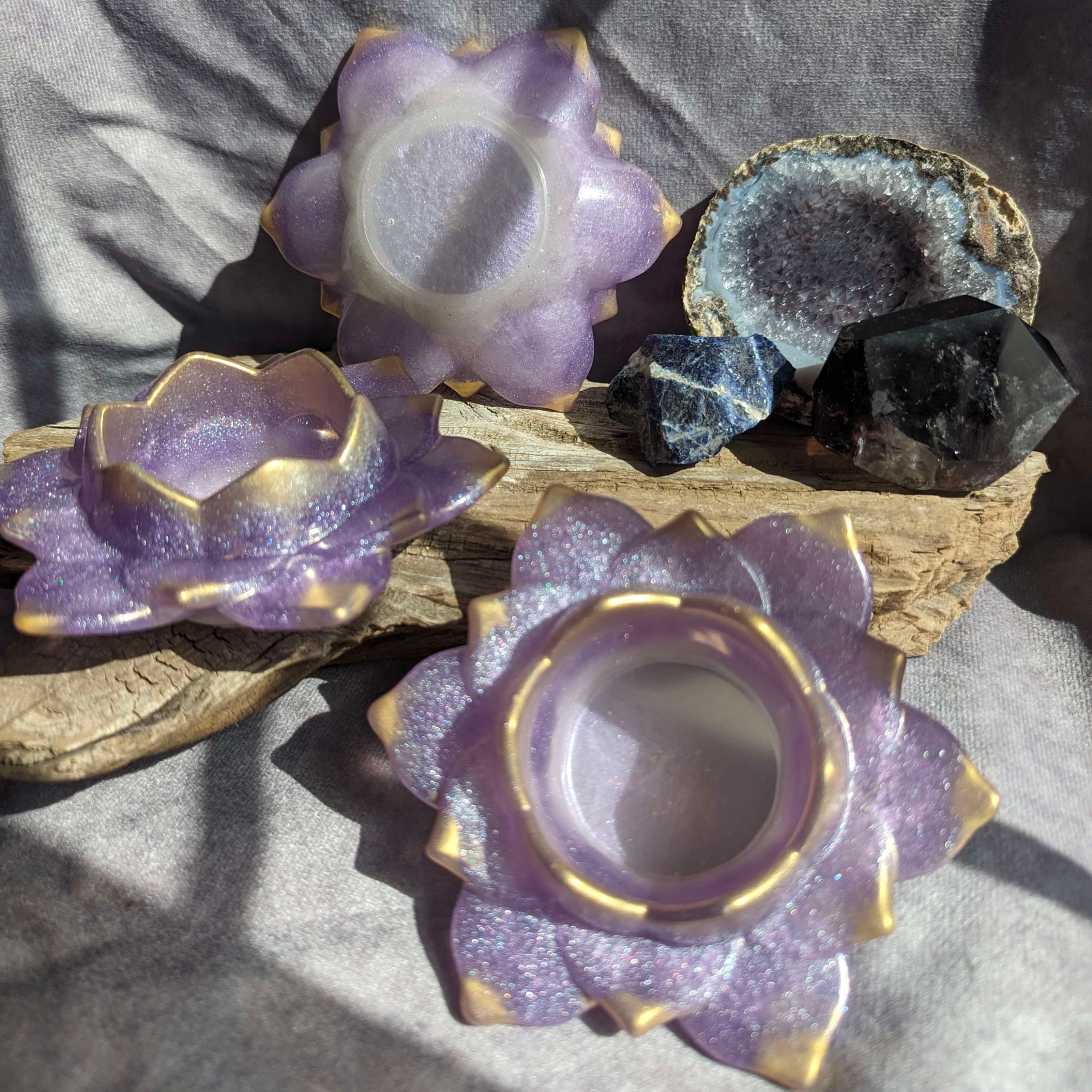 Gold and lavender Handmade Resin Lotus Tea Light Holders