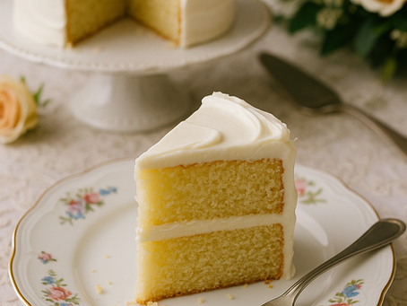 Slice of vanilla cake in a tea party setting with swiss meringue buttercream.