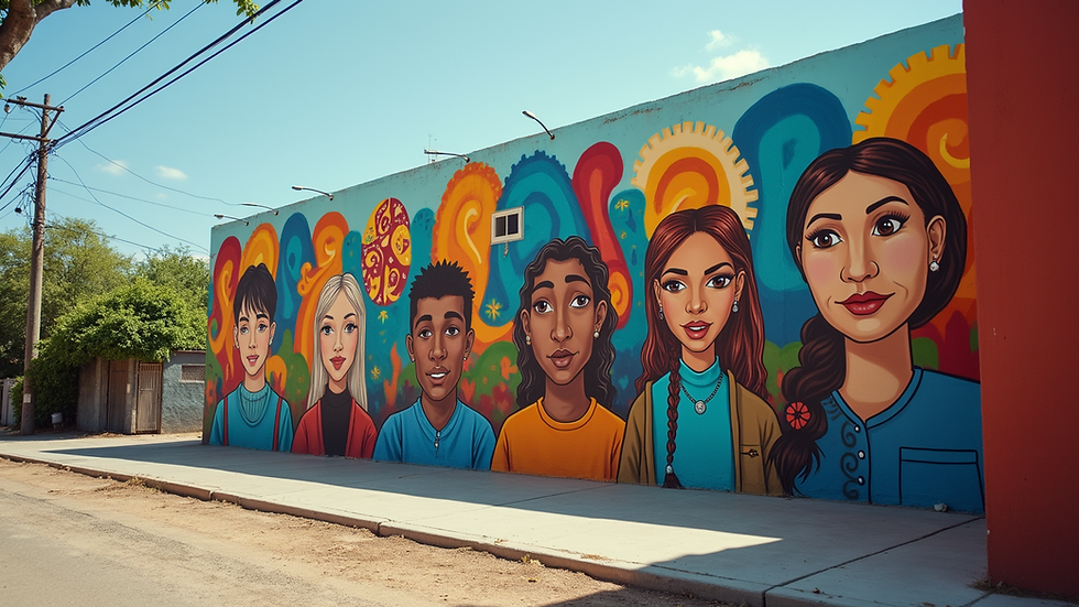 Eye-level view of a colorful mural depicting community unity