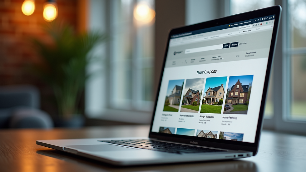 Close-up view of a laptop screen showing real estate listings