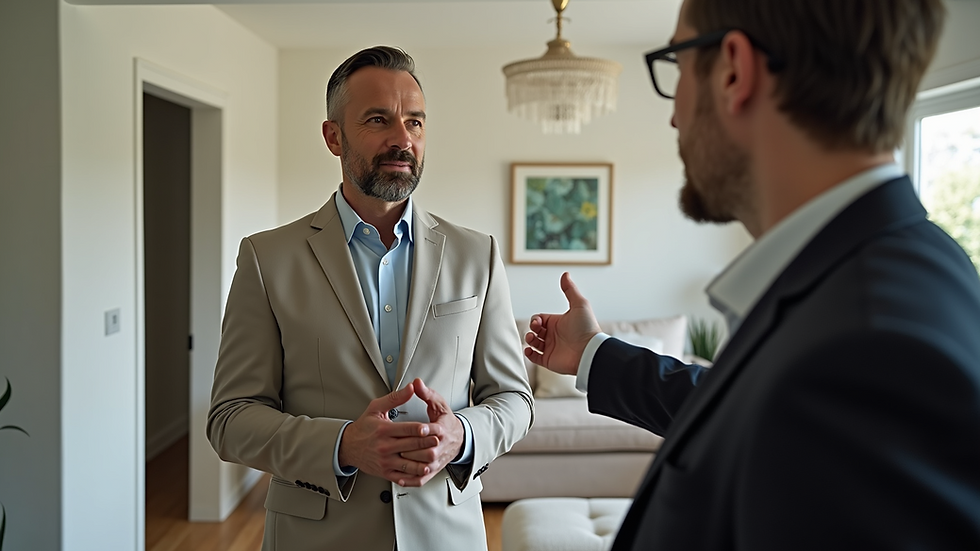 Eye-level view of a real estate agent showing a house to a client