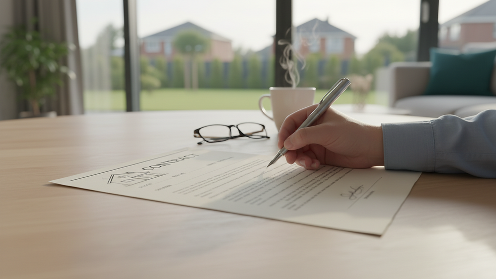 Close-up view of a contract being signed on a wooden table with a pen