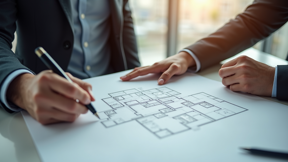 Close-up view of a real estate agent showing a house plan to a client