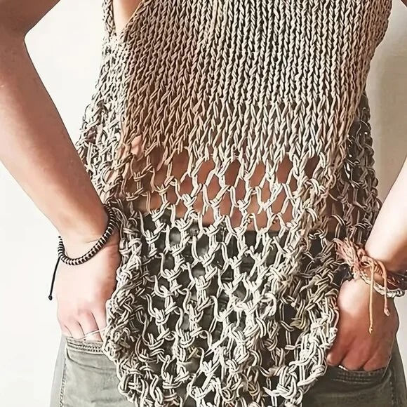 Thumbnail: Beige Net Knit Camisole Summer Top handmade