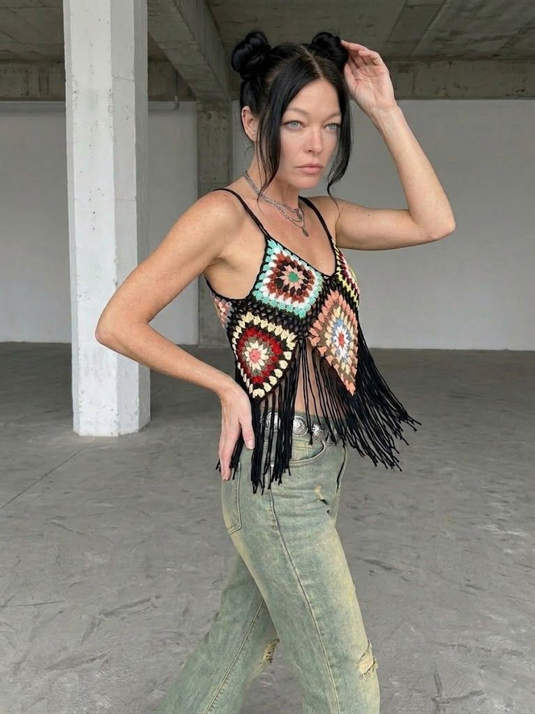 Thumbnail: Y2K BOHO Black Multicolor Granny Square Crochet Cami Top
