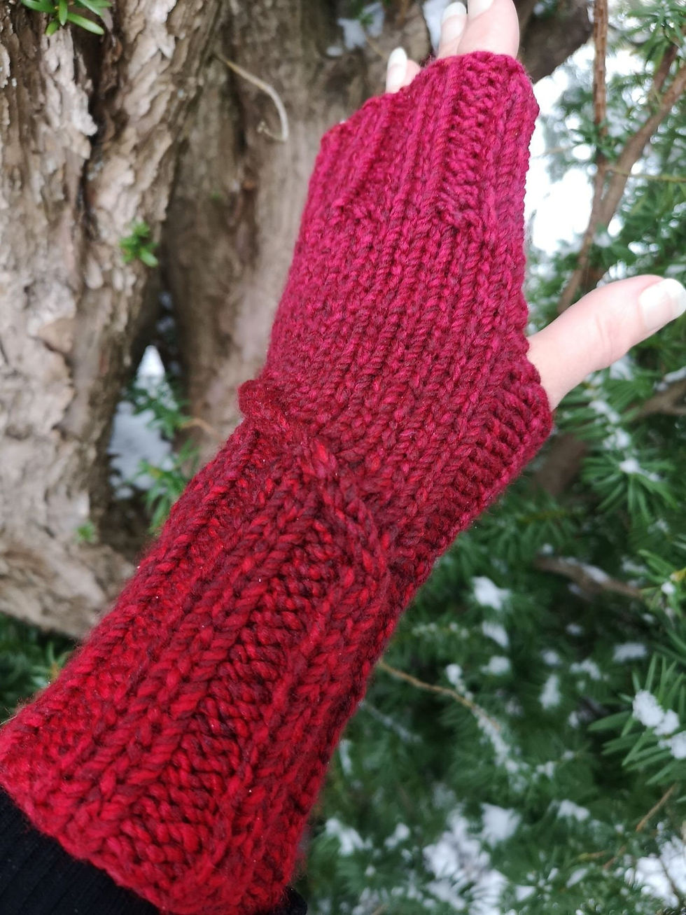 Handmade Knit Fingerless Gloves Mittens Ruby Red Gradient