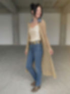 BEIGE LATTICE MESH OPEN-FRONT CARDIGAN – BOHO-CHIC JACKET WITH DENIM COLLAR