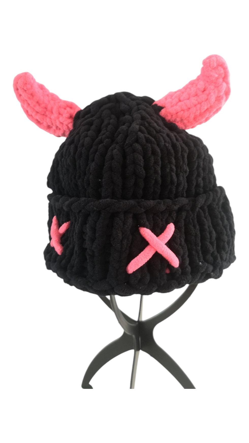 Thumbnail: Black Pink Knitted Devil Beanie Hat