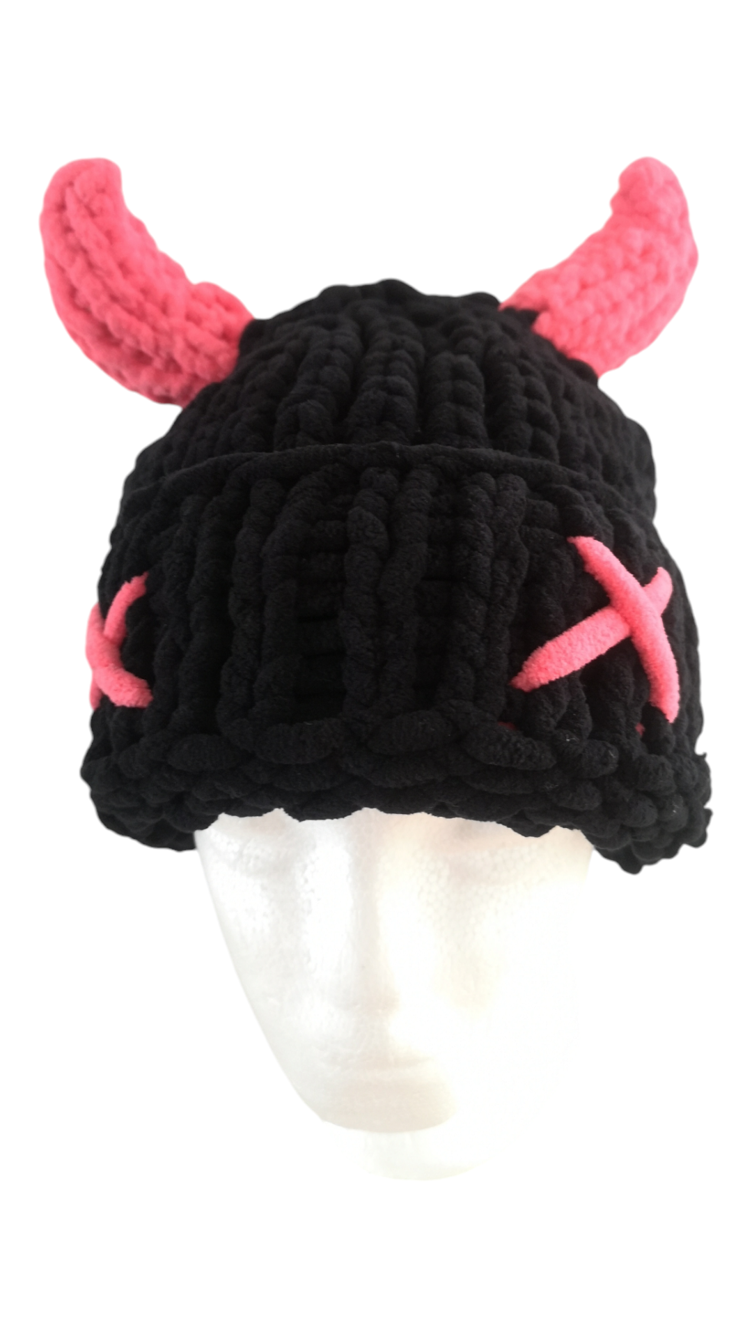 Black Pink Knitted Devil Beanie Hat