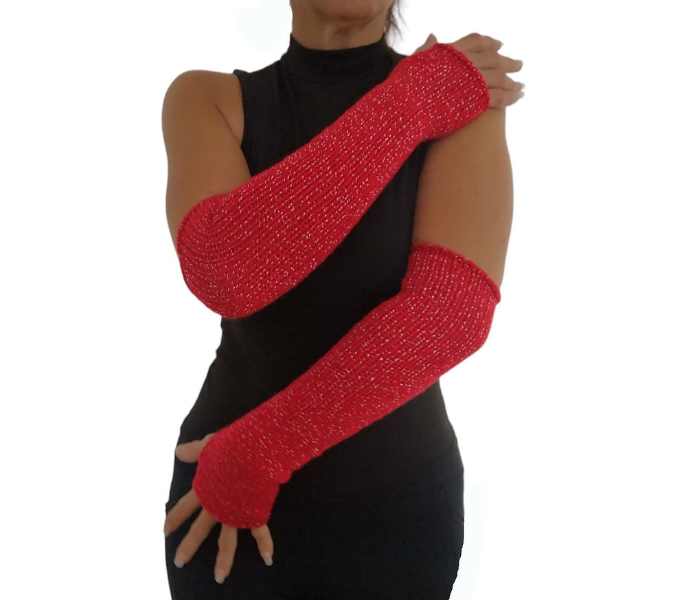: Red Silver Glitter Handmade Knitted Long Gloves