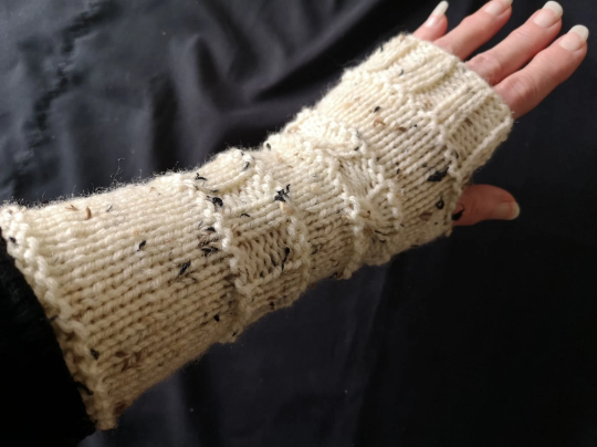  Creme/Brown Aran Tweed HandKnit Seamless  Fingerless Gloves made by Rolollo Canada