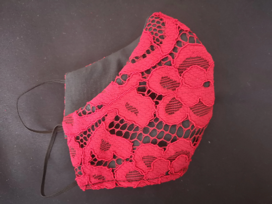 Thumbnail: Lace Overlay Red Black Floral Facemask handmade by Rolollo Canada