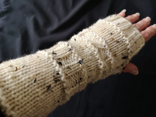 Thumbnail:  Creme/Brown Aran Tweed HandKnit Seamless  Fingerless Gloves made by Rolollo Canada