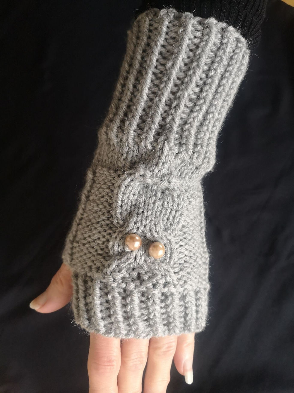Thumbnail: Owl HandKnit Fingerless Texting Gloves Mittens Arm Warmer Glovelets Light Grey Hooter Night Bird