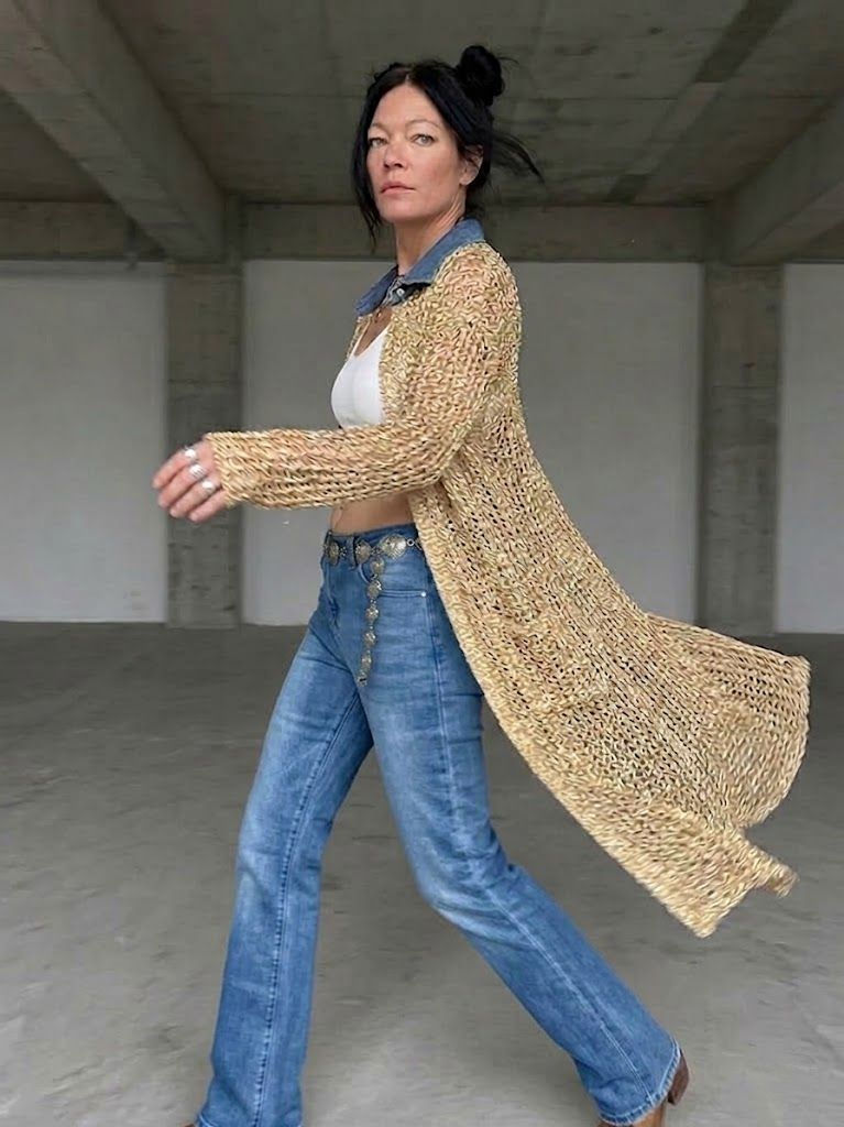 Thumbnail: BEIGE LATTICE MESH OPEN-FRONT CARDIGAN – BOHO-CHIC JACKET WITH DENIM COLLAR